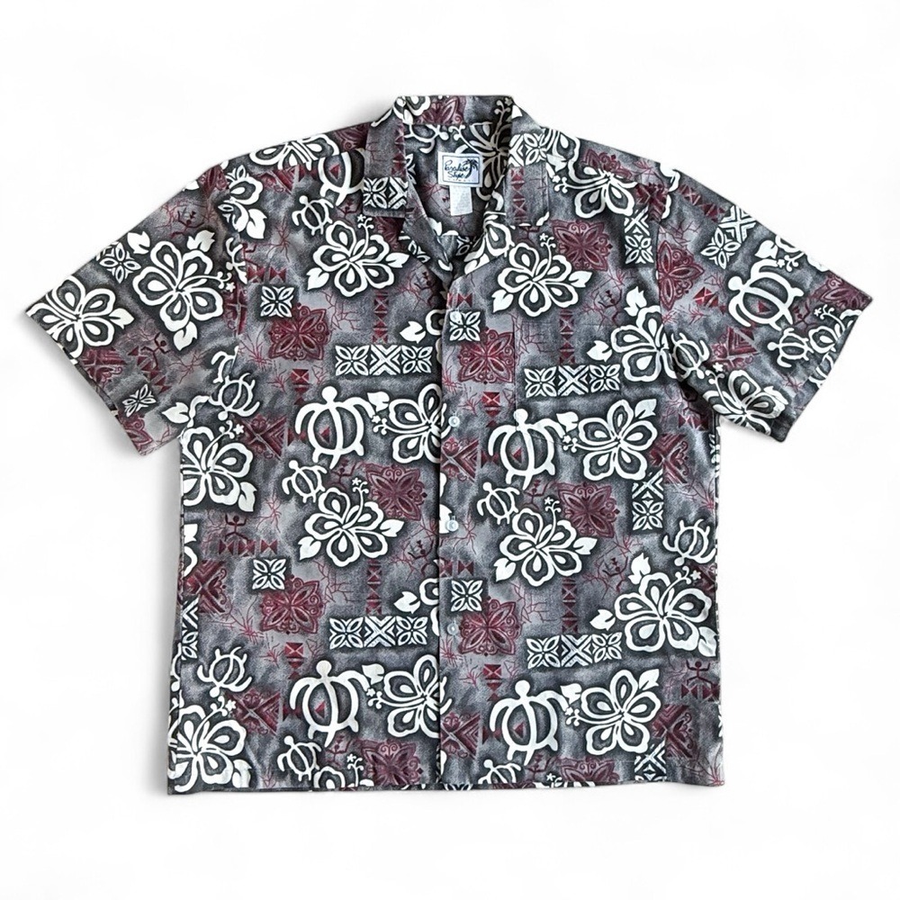 PARADISE STYLE HAWAII Vintage Hawaiian Floral Tribal Print Shirt Mens L Gray Red